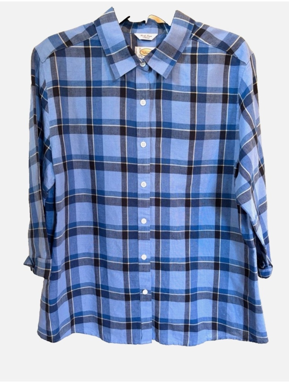 Talbots Irish Linen Blend Shirt Women’s Large Blue Plaid Button Front Career